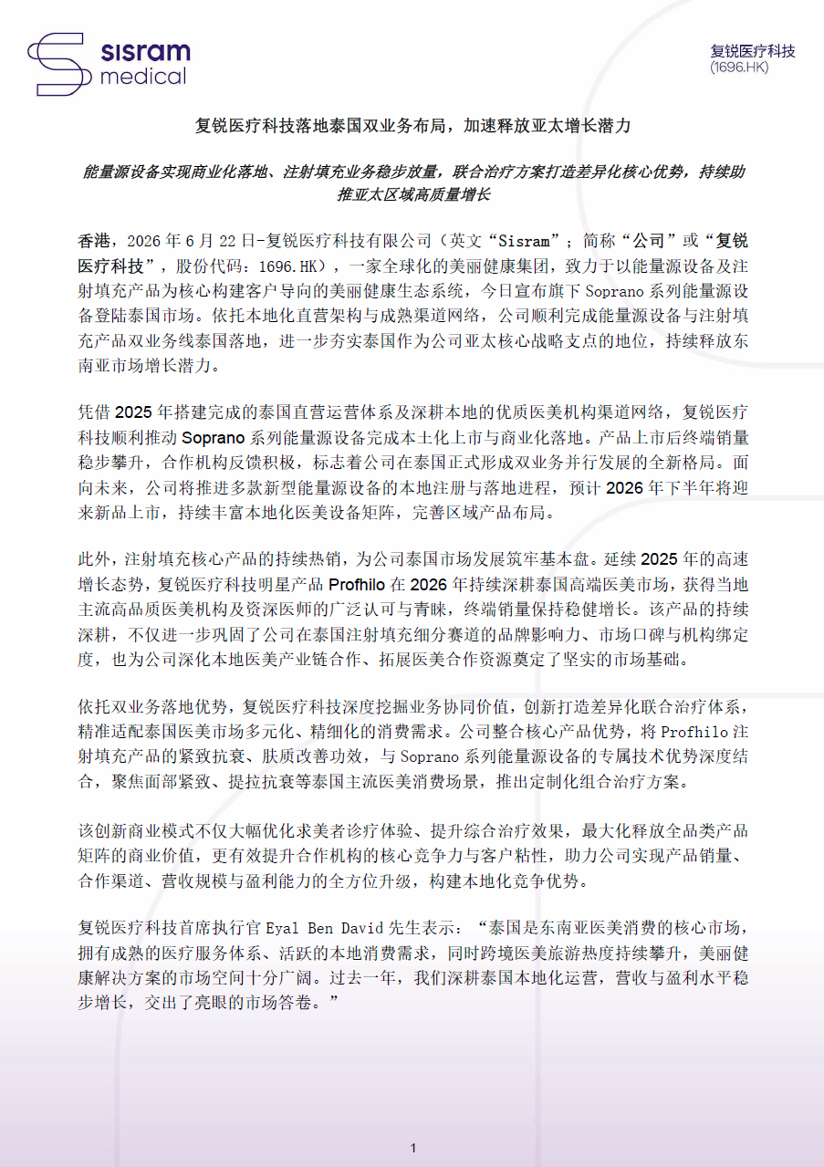  复锐医疗科技落地泰国双业务布局，加速释放亚太增长潜力