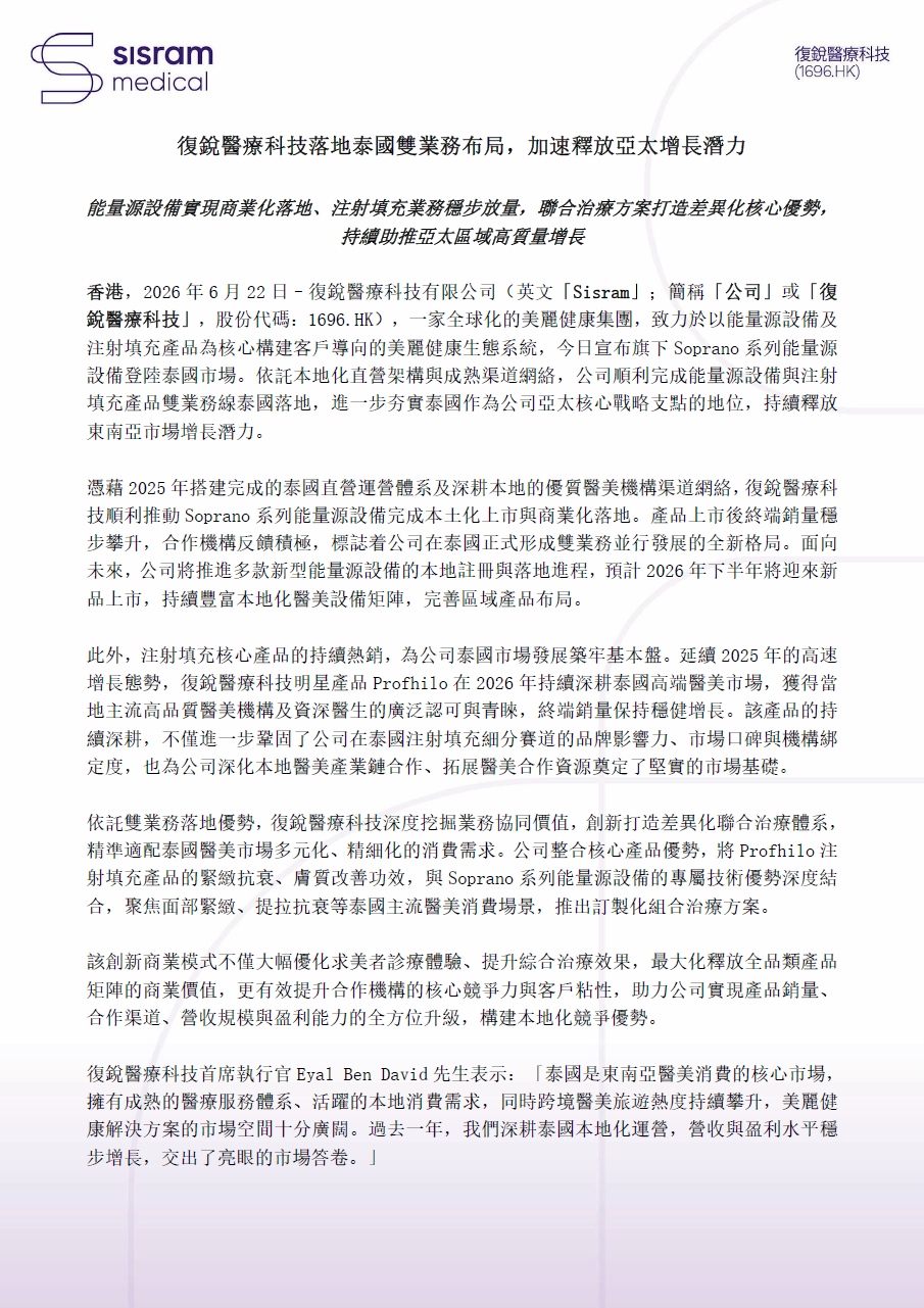 復銳醫療科技落地泰國雙業務布局，加速釋放亞太增長潛力
